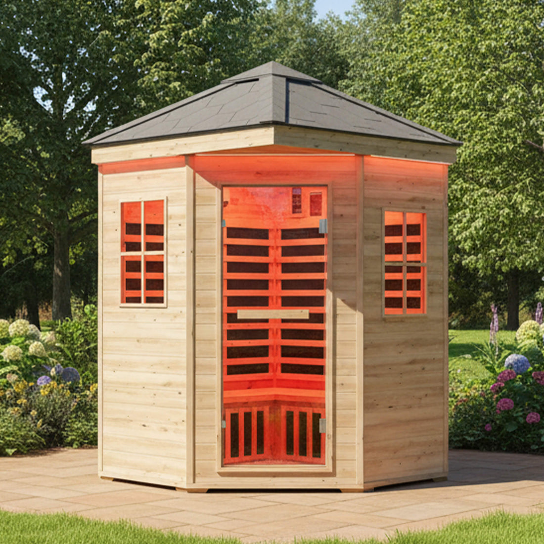 Thermora Monaco 4-Person Low EMF Spruce Wood Outdoor Infrared Sauna With Bluetooth Speakers And LED Lights
