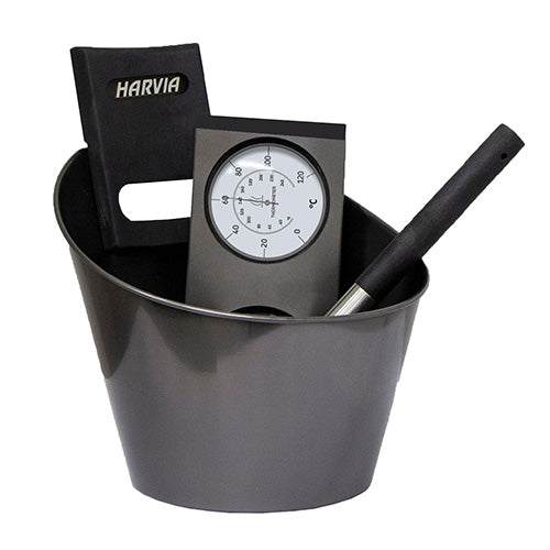 Harvia Sauna Accessory Set Steel Bucket and Ladle w/ Thermometer and Hygrometer