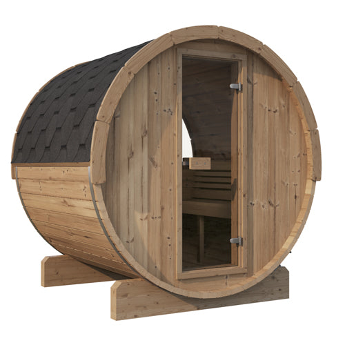 SaunaLife Model E7W Sauna Barrel-Window ERGO Series Sauna Barrel, 71"L x 81"D, Rear Window, 4-Person