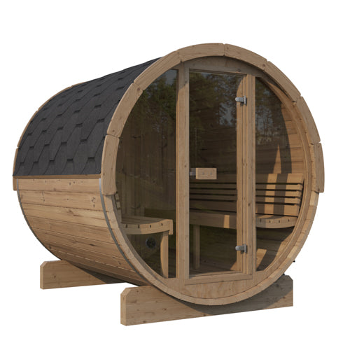 SaunaLife Model E8G Sauna Barrel Glass Front ERGO Series Sauna Barrel 87"D x 81"H, 6-Person, Glass Front