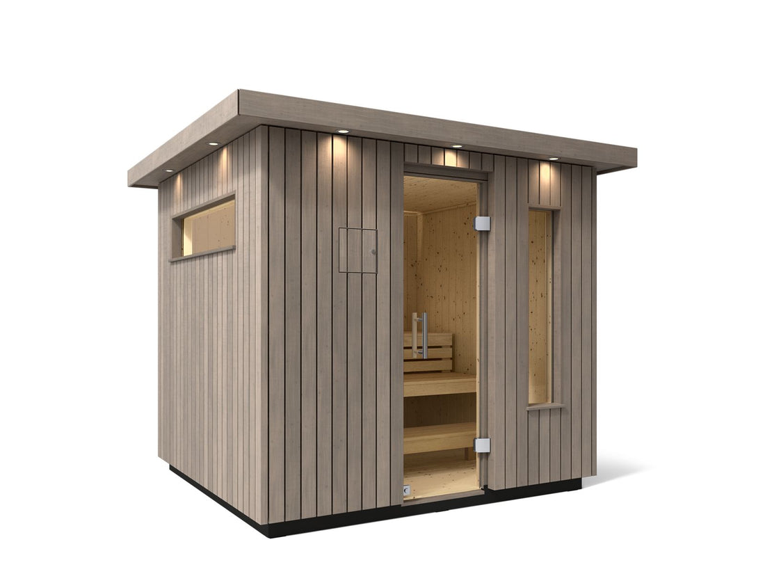 KOHLER C2™ OUTDOOR SAUNA, MEDIUM - WEATHERED GREY SPRUCE EXT/SPRUCE INT-SEATS UP TO 5 PEOPLE