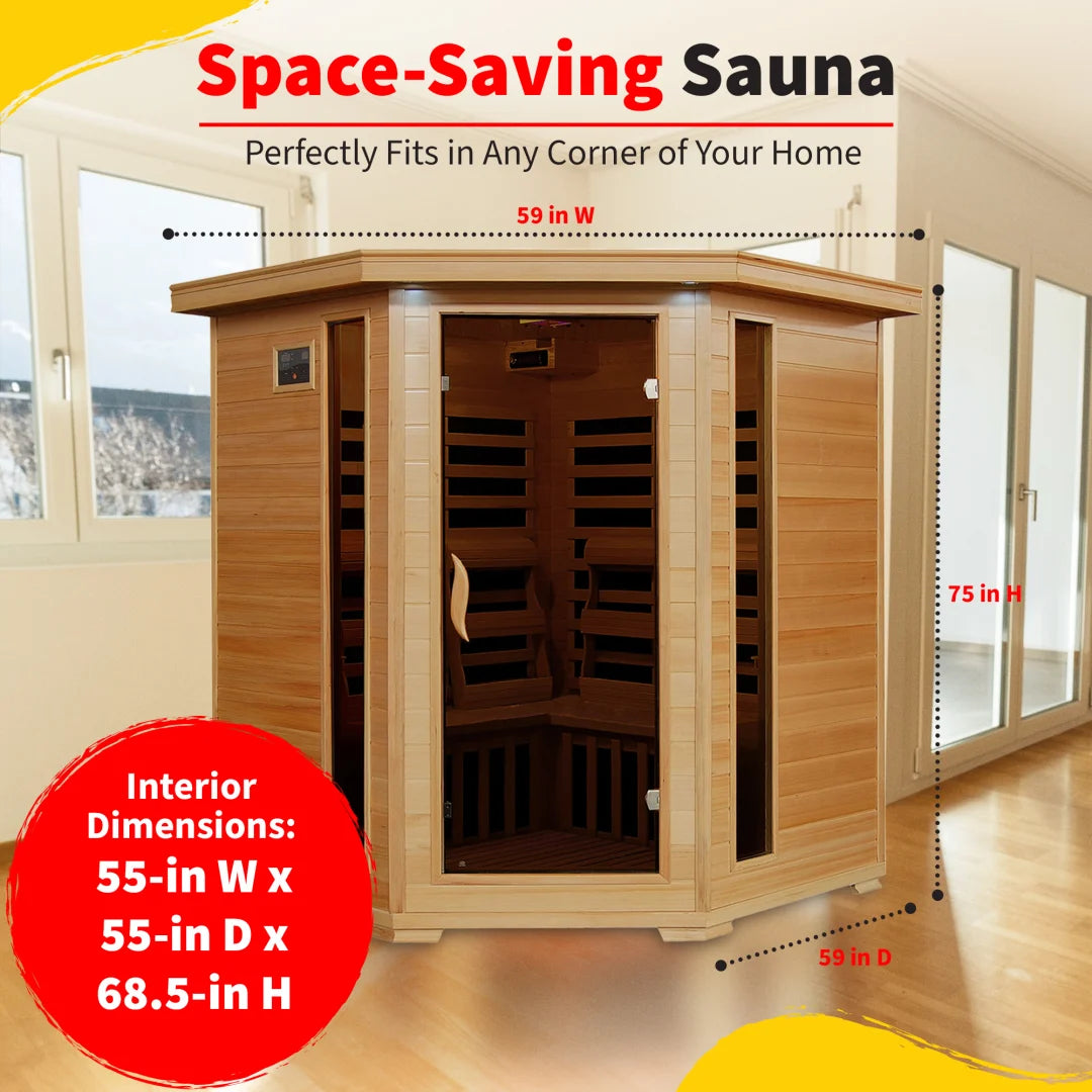 Tucson 4-Person Hemlock Corner Infrared Sauna with 10 Carbon Heaters