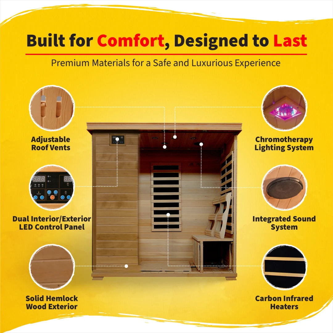 Monticello 4-Person Hemlock Infrared Sauna with 9 Carbon Heaters