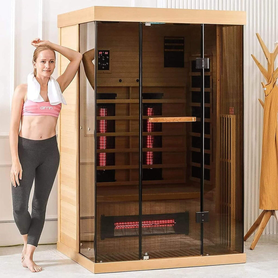 Thermora Valen Luxury 2-Person Low EMF FAR Infrared Heat Wood Home Personal Spa Sauna W/ Panoramic Tempered Glass, 2000W (SAK27481)